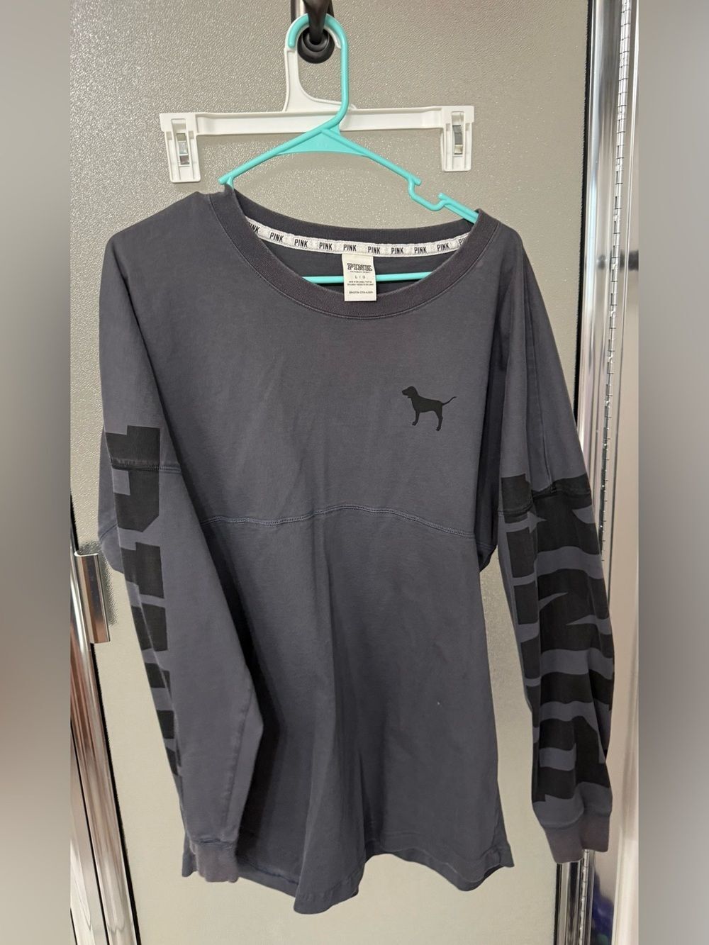 Vintage PINK Distressed Dark Gray Long Sleeve Tee with Dog Logo L